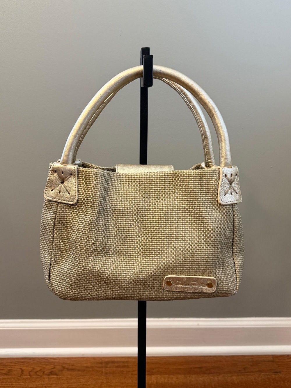 Carlos Falchi Metallic Platinum Woven Tote Bag / Leather Handles
